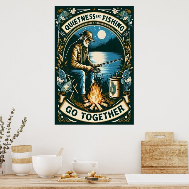 Nighttime Fishing And A Campfire Poster (Kitchen)