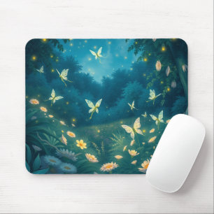Nighttime garden with flowers and fireflies mouse mat