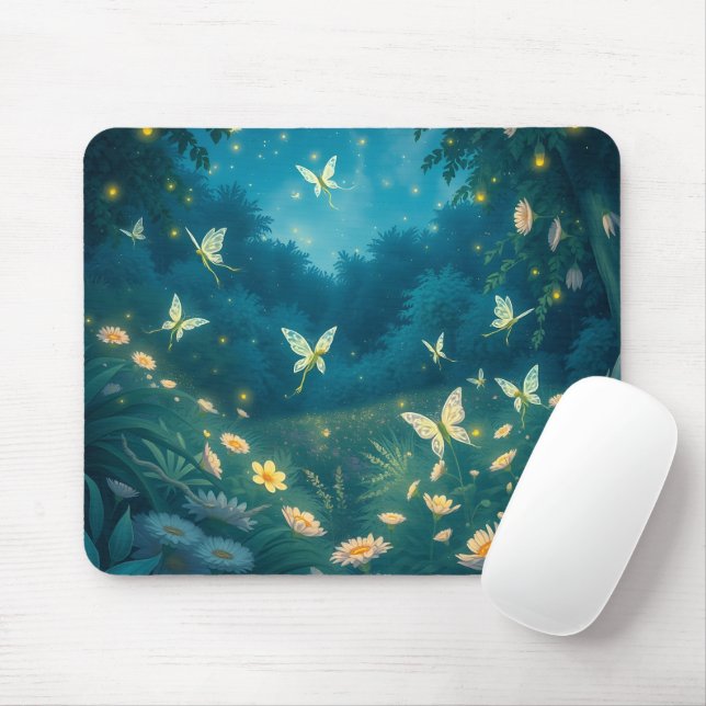 Nighttime garden with flowers and fireflies mouse mat (With Mouse)