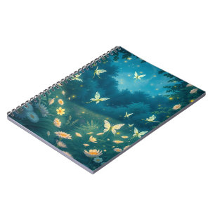Nighttime garden with flowers and fireflies notebook