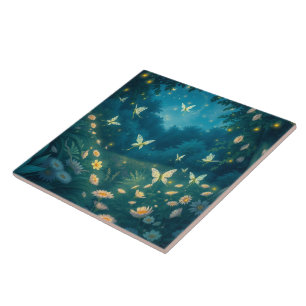 Nighttime garden with flowers and fireflies tile