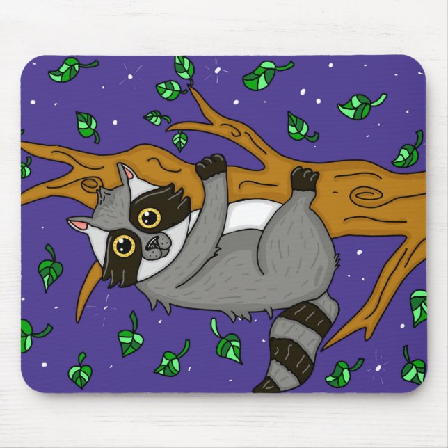 Nighttime Racoon Hanging from Tree Branch Mouse Mat (Front)