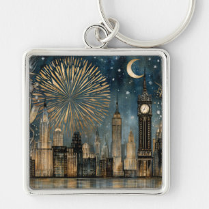Nighttime Skyline Fireworks Celebration Key Ring
