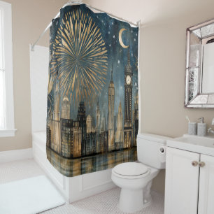 Nighttime Skyline Fireworks Celebration Shower Curtain
