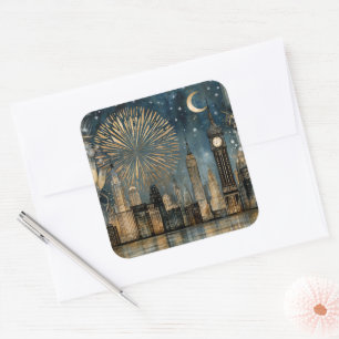 Nighttime Skyline Fireworks Celebration Square Sticker