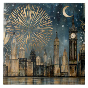 Nighttime Skyline Fireworks Celebration Tile