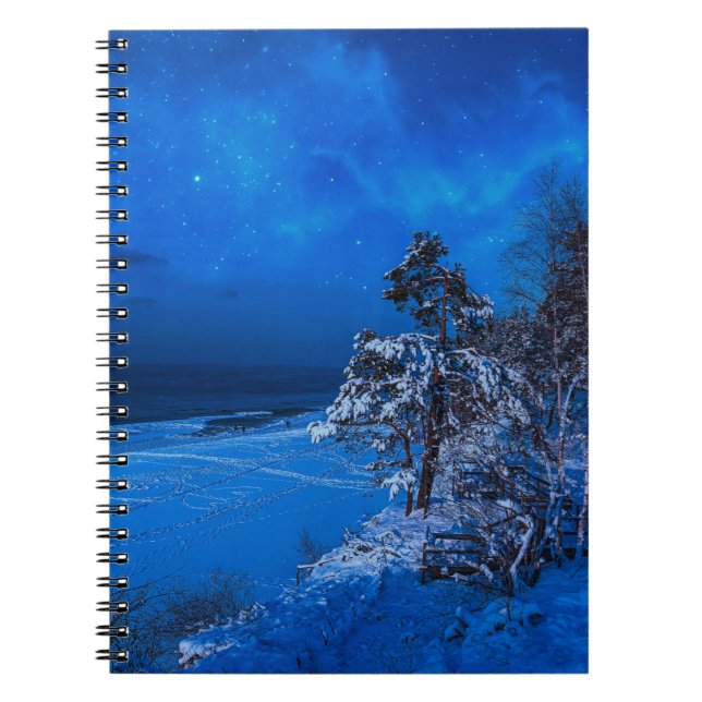 Nighttime winter scene with snow covered pines notebook (Front)
