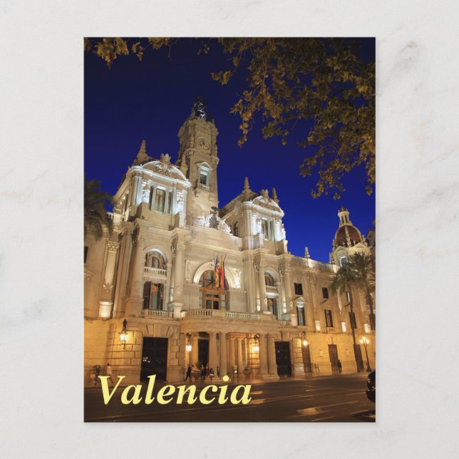 Nightview of Plaza Ayuntamiento, Valencia, Spain Postcard (Front)