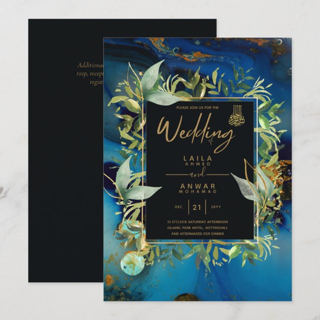 NIKAH - Blue Gold Islamic Wedding Invitations (Front/Back)