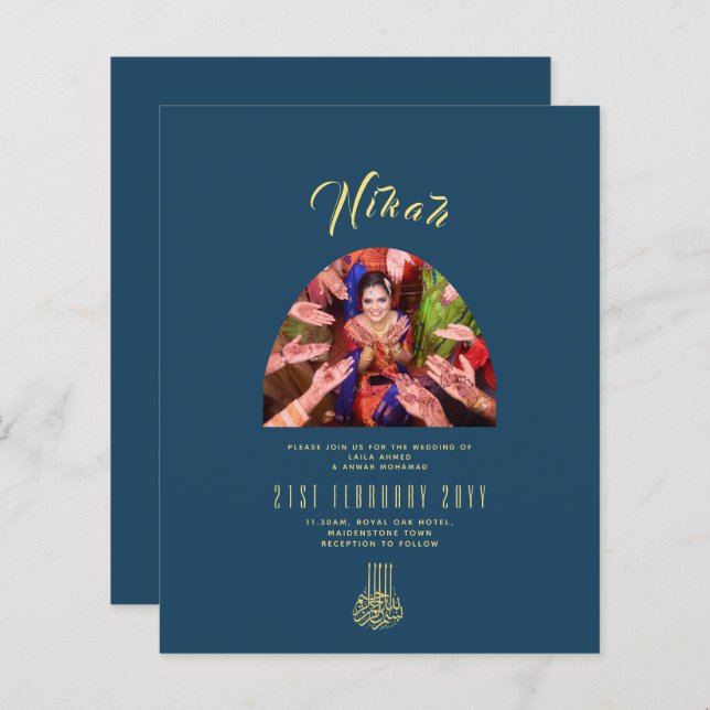 NIKAH Blue Gold PHOTO Wedding Invitation (Front/Back)