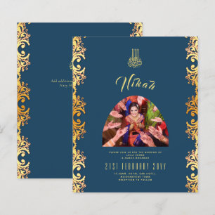 NIKAH Blue Gold PHOTO Wedding Invitation