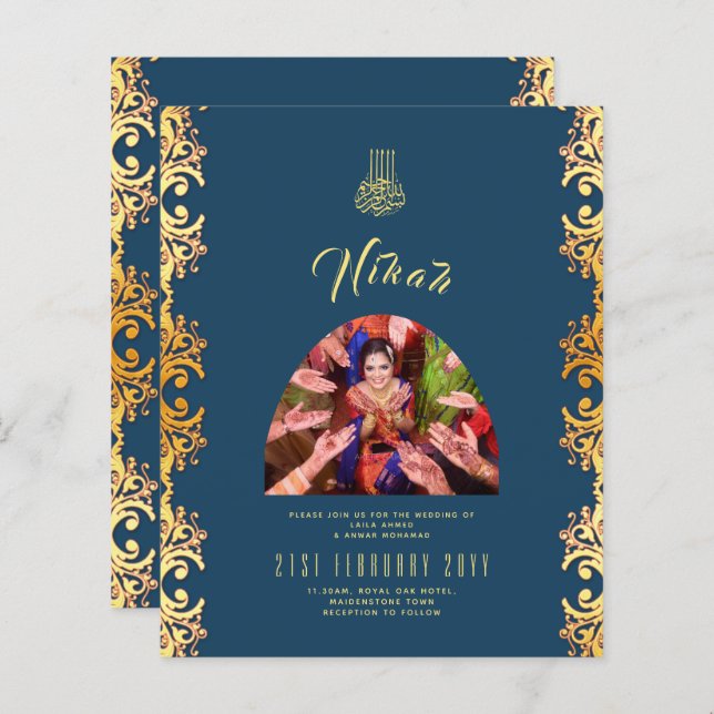 NIKAH Blue Gold PHOTO Wedding Invitation (Front/Back)