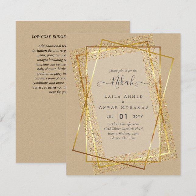 NIKAH - BUDGET Invites - GOLD Glitter Frame (Front/Back)