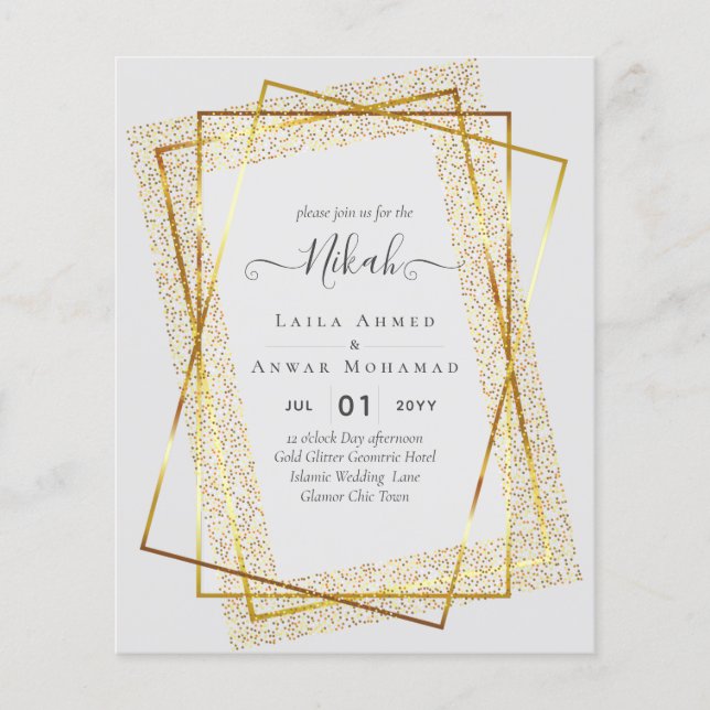 NIKAH - BUDGET Invites - GOLD Glitter Frame Flyer (Front)