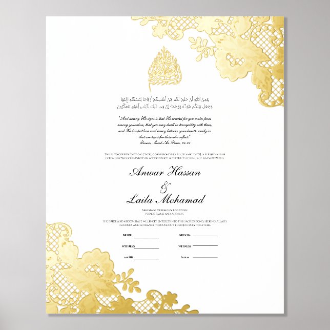 Nikah Certificate Nikkah Nama Islamic Wedding Foil Prints (Front)