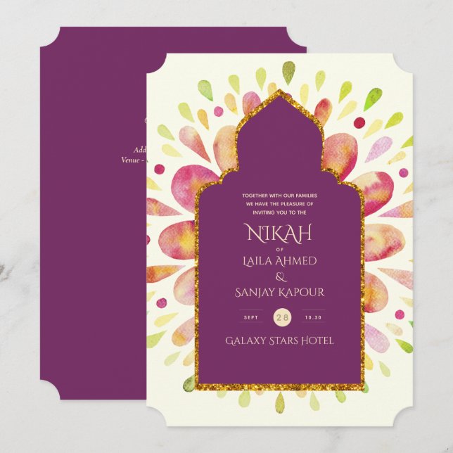 NIKAH - Modern Mandala Berry Gold Wedding Invitation (Front/Back)