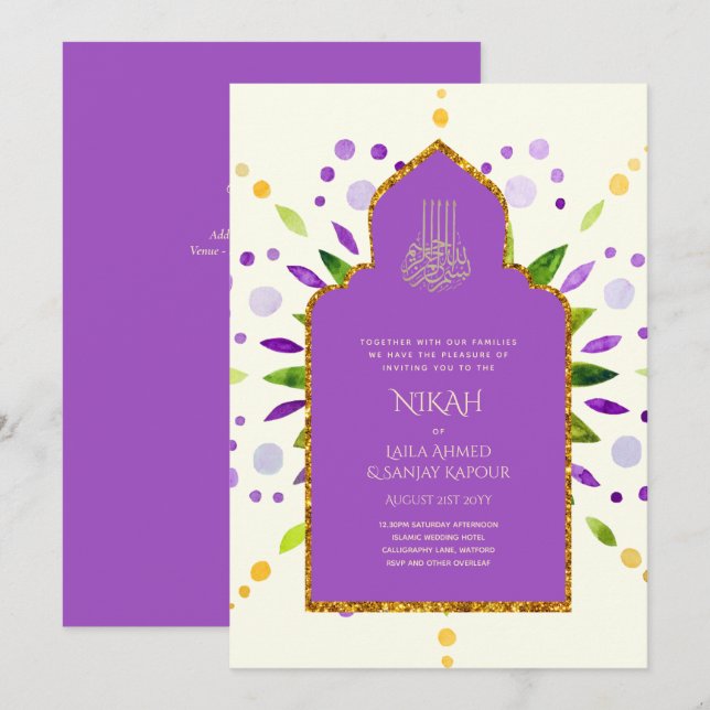 NIKAH - Modern Mandala Purple Gold Wedding Invitat Invitation (Front/Back)