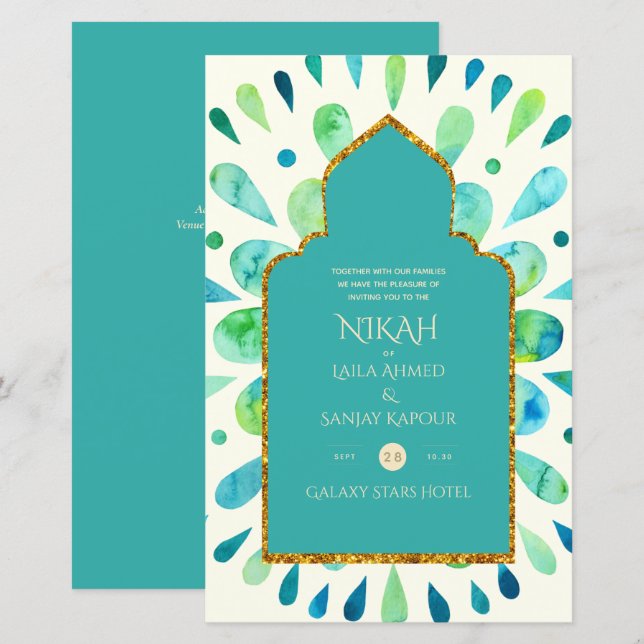 NIKAH - Modern Mandala Turquoise Gold Wedding Invi (Front/Back)