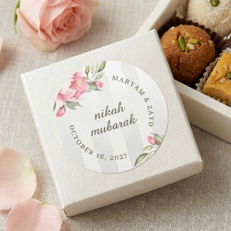 Nikah Mubarak Wedding Favour | Blush Peony Stripe Classic Round Sticker
