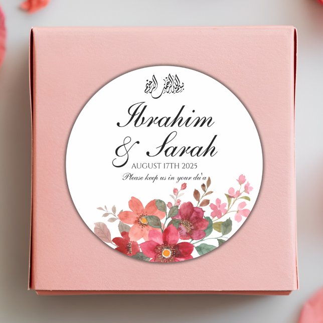 Nikah Muslim Wedding Favour Red Floral Classic Round Sticker (Creator Uploaded)