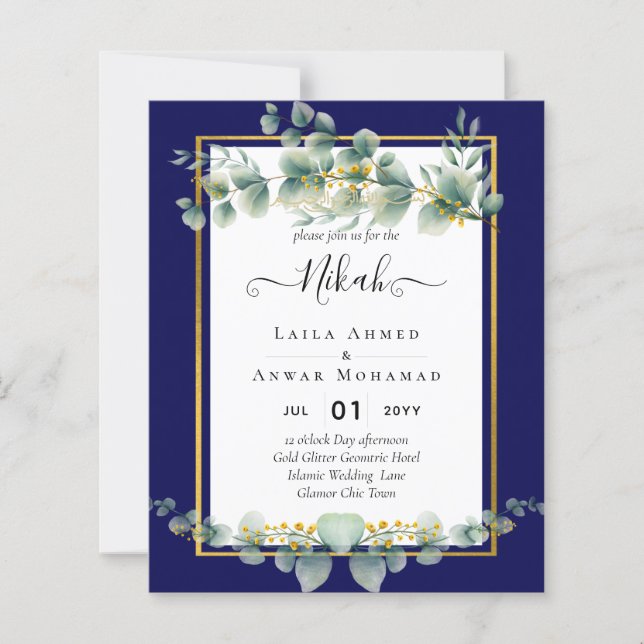 NIKAH NAVY BLUE GOLD Greenery Eucalyptus Wedding (Front)