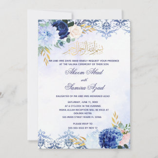 Nikah or Valima Ceremony Invitation Blue Gold