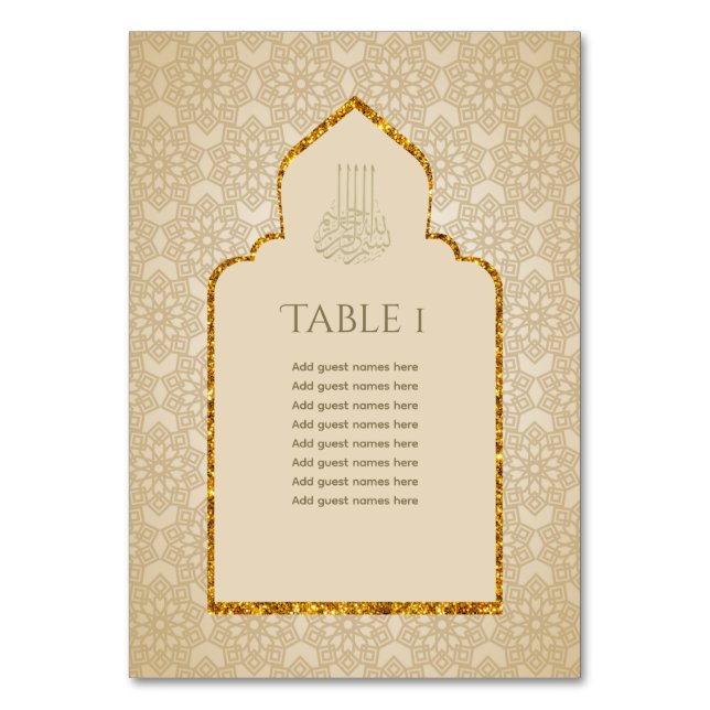 NIKAH - Ornate Islamic Mosque Gold Wedding Muslim Table Number (Front)