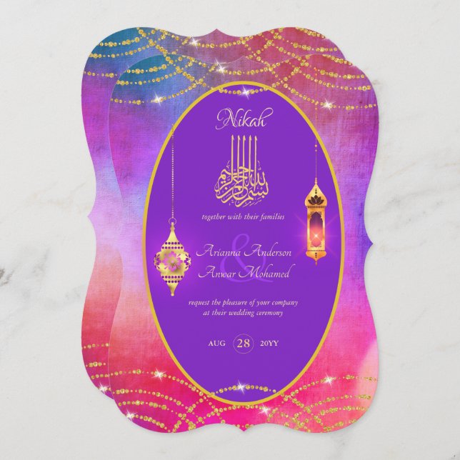 NIKAH - Ornate Islamic Purple Gold Wedding Invite (Front/Back)
