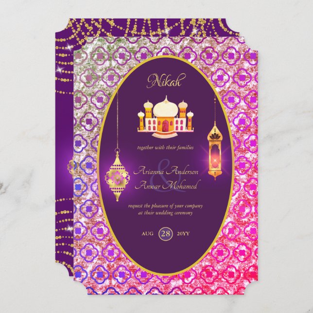 NIKAH - Ornate Mosque Purple Wedding Invitation (Front/Back)