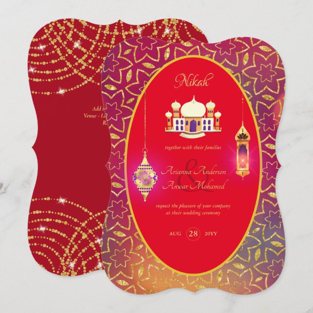 NIKAH - Ornate Mosque Red Gold Wedding Invitation (Front/Back)
