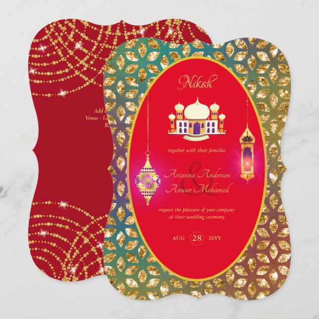 NIKAH - Ornate Mosque Red Gold Wedding Invitation (Front/Back)