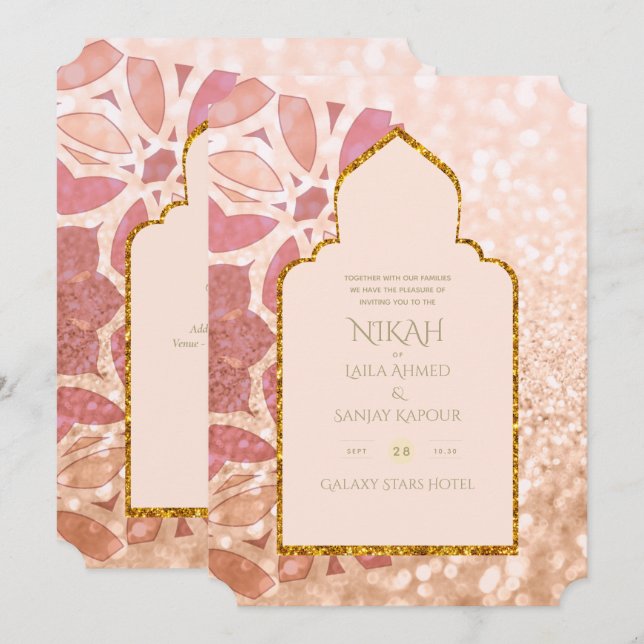 NIKAH - Ornate Rosegold Pink Gold Wedding Invitation (Front/Back)