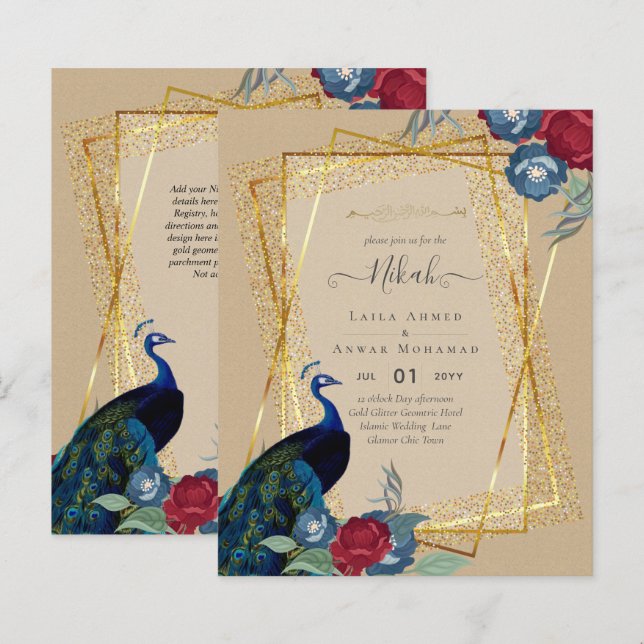 NIKAH Peacock Floral Gold Frame Islamic Wedding (Front/Back)