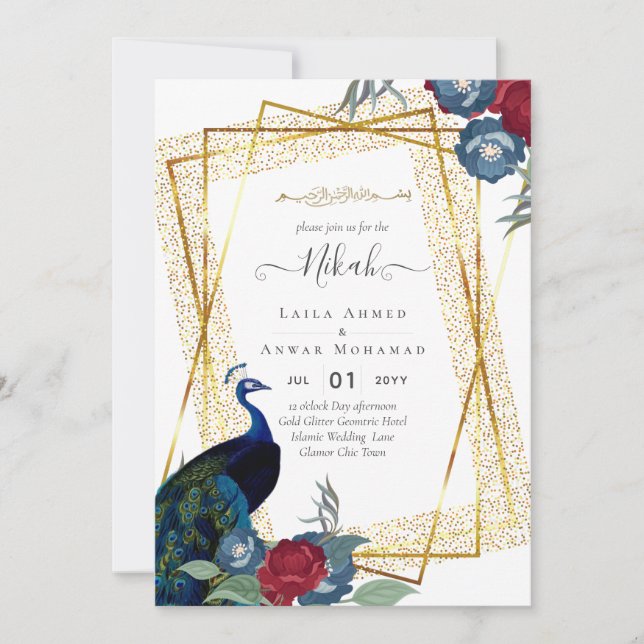 NIKAH Peacock Floral Gold Frame Islamic Wedding In Invitation (Front)