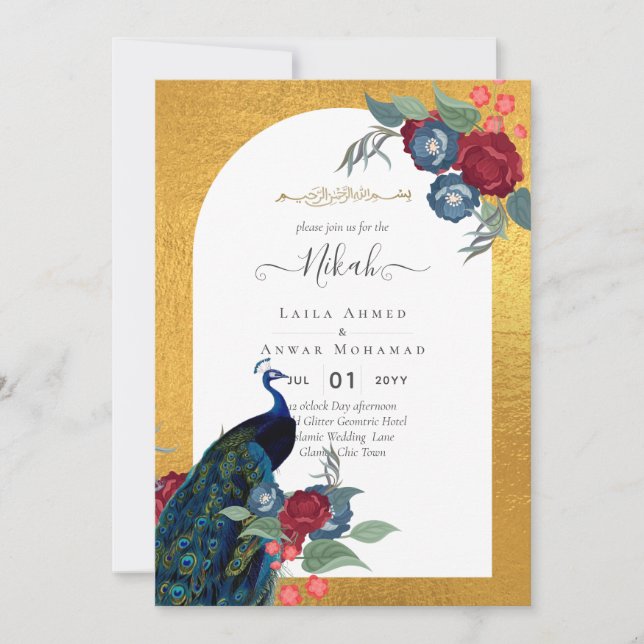 NIKAH Peacock Floral Gold Frame Islamic Wedding Invitation (Front)