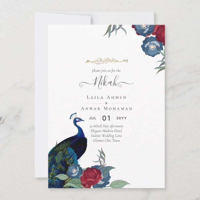 NIKAH Peacock Floral Walimah Islamic Wedding Invit Invitation (Front)