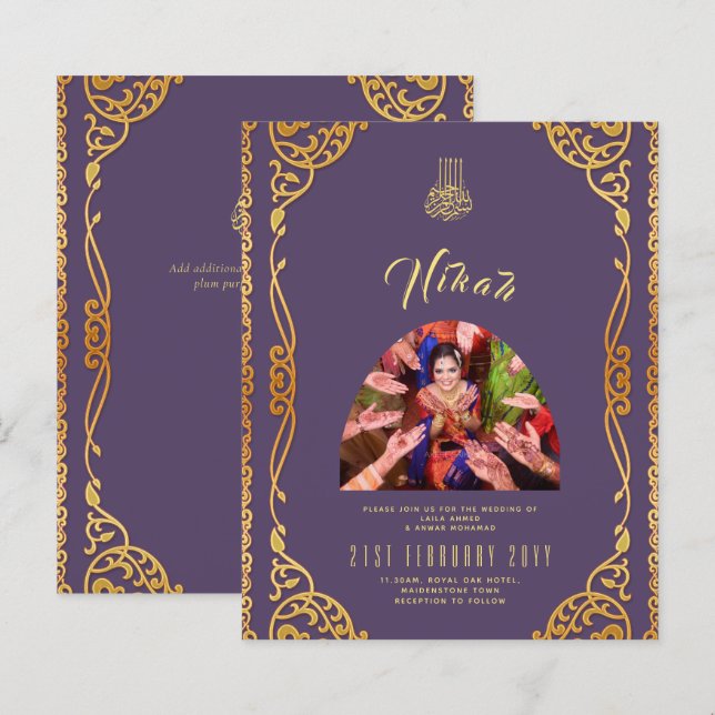 NIKAH Plum Gold PHOTO Wedding Invitation (Front/Back)
