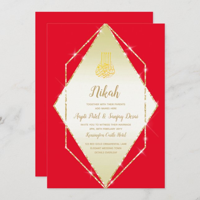 Nikah Red Gold Islamic Motif Wedding Invite (Front/Back)