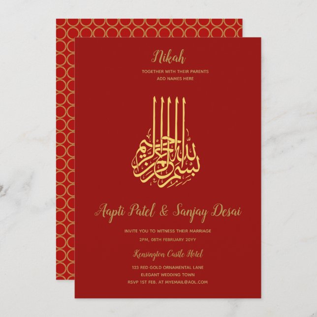 Nikah - Red Gold Islamic Motif Wedding Invites (Front/Back)