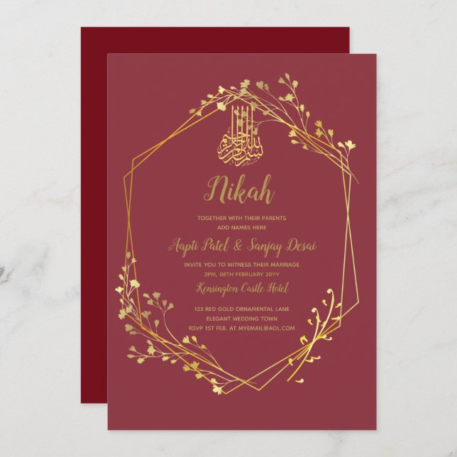 Nikah - Red Gold Islamic Motif Wedding Invites (Front/Back)
