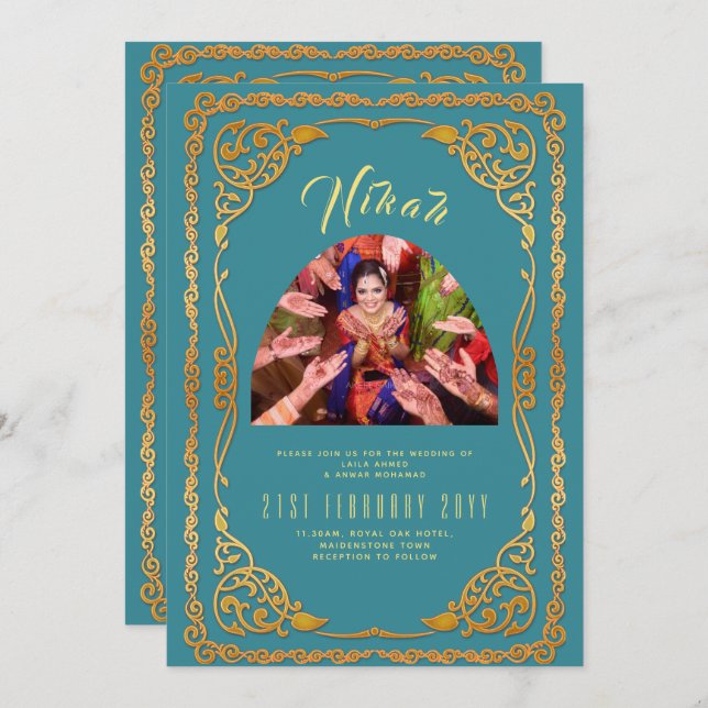 NIKAH Teal Gold PHOTO Islamic Wedding Invitation (Front/Back)