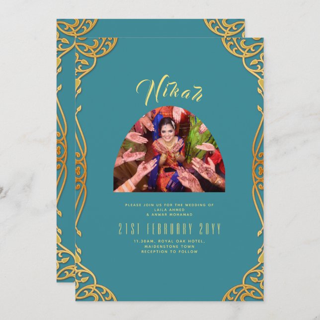 NIKAH Teal Gold PHOTO Islamic Wedding Invitation (Front/Back)