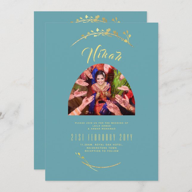 NIKAH Teal Gold PHOTO Islamic Wedding Invitation (Front/Back)