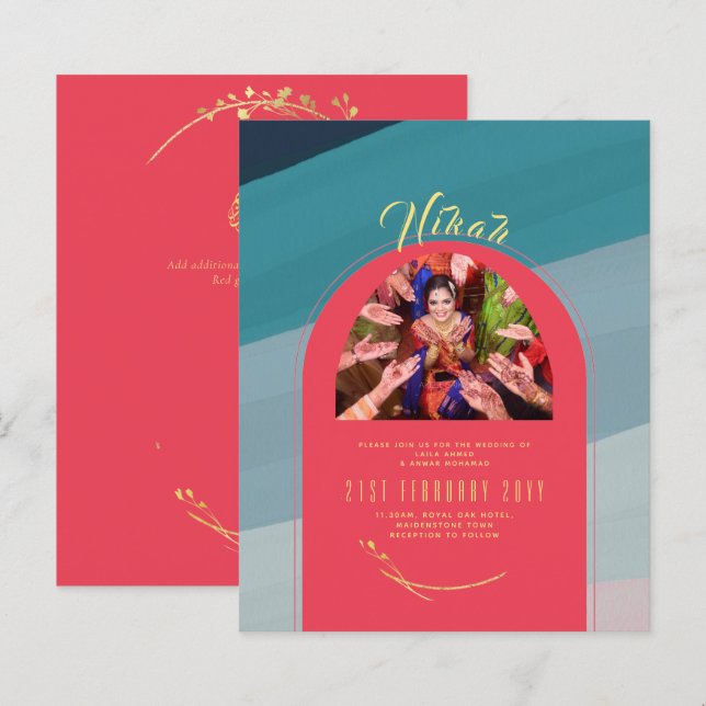 NIKAH Teal Red Gold PHOTO Wedding Invitation (Front/Back)
