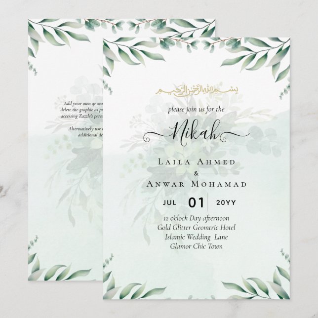 Nikah Walima GREENERY WEDDING INVITATION Islamic (Front/Back)