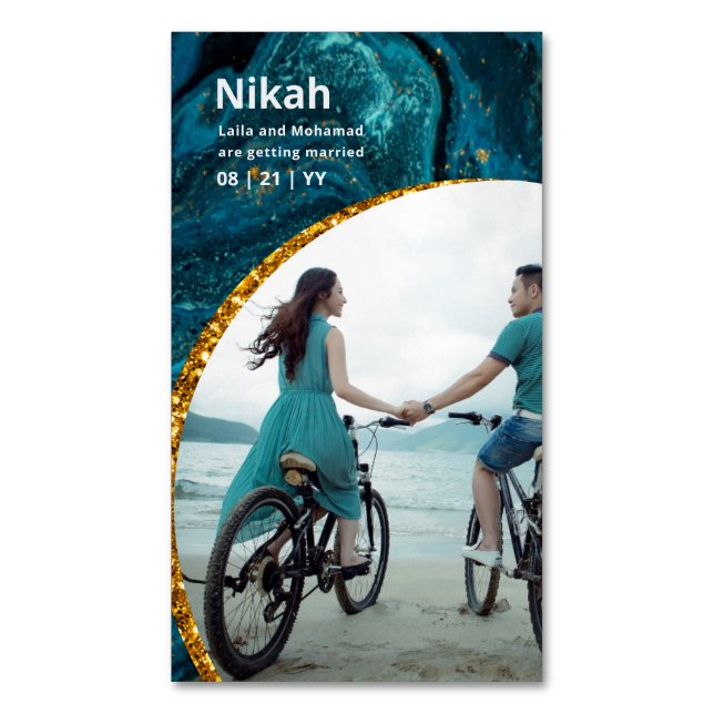 NIKAH - Wedding Budget Agate Gold Teal PHOTO Magnetic Business Card (Front Vertical)