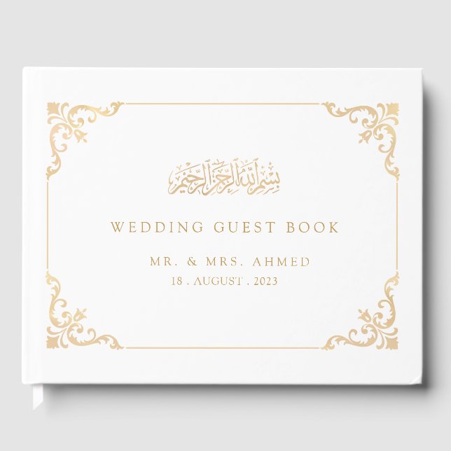 Nikah White Gold Islamic Muslim Wedding Guest Book (Front)