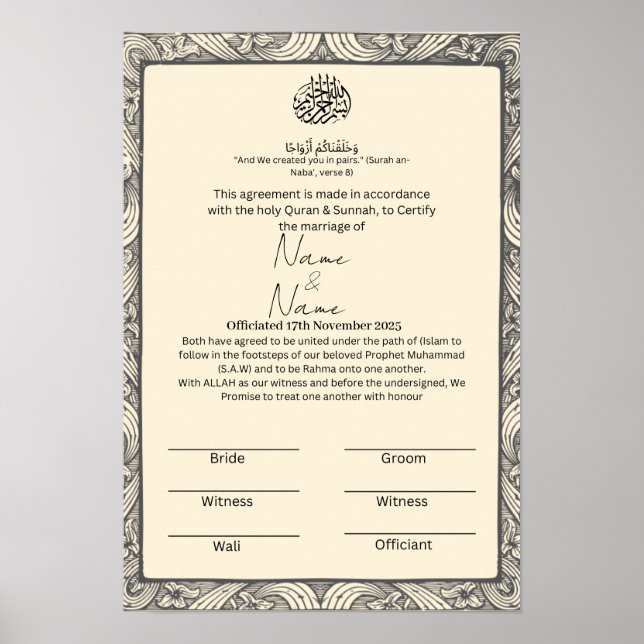 Nikkah certificate  poster (Front)