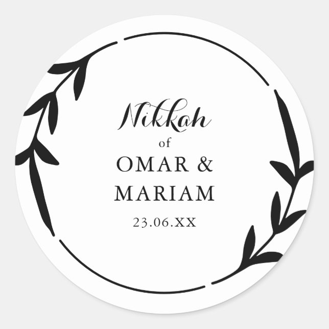 Nikkah Elegant Black & White Leaf  Wreathe Border Classic Round Sticker (Front)