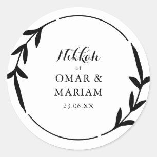 Nikkah Elegant Black & White Leaf  Wreathe Border Classic Round Sticker